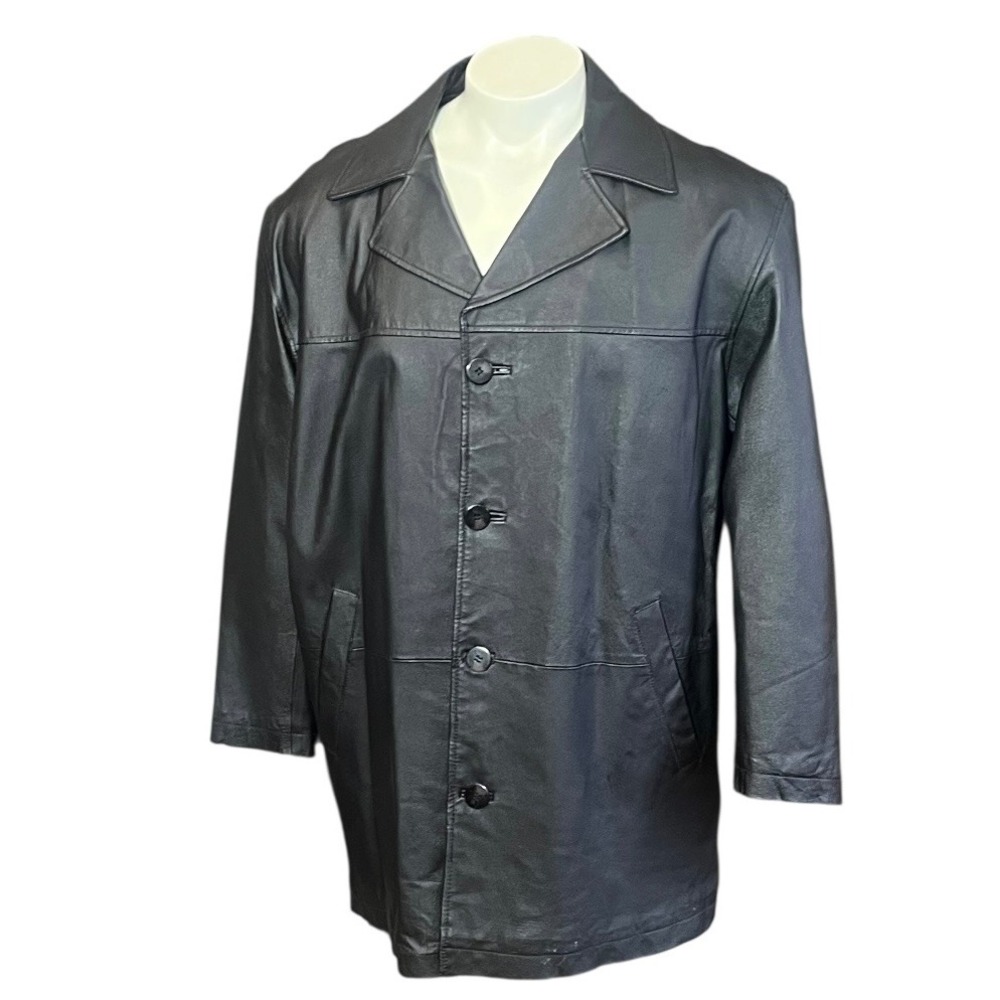 Towncraft Mens Black Genuine Leather Car Coat Button Front Jacket 71751-2 Medium